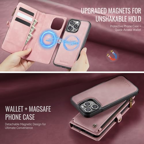 Defencase for iPhone 14 Pro Max Case Wallet Compatible with Magsafe, Pink | Drop-Proof Magnetic Detachable Phone Cases Cover, with RFID Bolcking Card Holder, Zipper Strap, PU Leather, Removable Wallet - color: (Detachable with Magsafe)-Pink