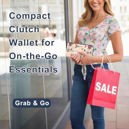 RFID Wallet for Women with Cellphone Pocket - Double Zipper Wristlet Purse Large Capacity, 17 Card Slots, Coin Pocket, ID Window, Effel Tower Flower - color: Beige Tower