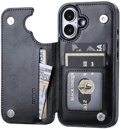 Wallet Case Compatible with iPhone 16 6.1", Slim Protective Case with Card Holder,Premium PU Leather Kickstand Card Slots Case with Double Magnetic Clasp-Black - color: Black, size: iphone 16 6.1"