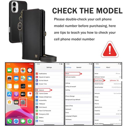 for Wallet Case Compatible with iPhone 16,Multi-Function Detachable 2 in 1 Magnetic iPhone 16 Case Wallet,Flip Strap Zipper Card Holder Phone Case with Shoulder Straps (Black) - color: Black, size: iPhone 16