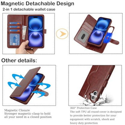 Ｈａｖａｙａ for iPhone 16 Case Detachable Wallet Case with Card Holder，2 in 1 Pu Leather Flip Folio Credit Card Slots Stand Compatible Magsafe Magnetic Shockproof Phone Cover (6.1")-Deep Brown - color: Deep Brown-Detachable