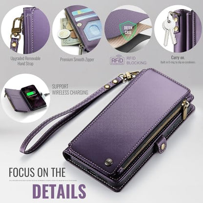 Defencase for Samsung Galaxy S25 Wallet Case with RFID Card Holder, Purple | Durable Soft PU Leather, with Zipper Pocket, Wrist Strap, Fashion Snap Flip S25 Phone Cases Cover with Stand for Women Men - color: Aesthetic Purple
