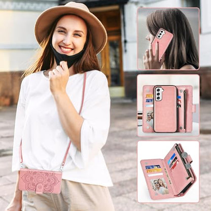 Asuwish Phone Case for Samsung Galaxy S22 5G Zipper Wallet Detachable Cell Cover with Tempered Glass Screen Protector Crossbody Strap Flower Card Holder S 22 22S 4G G5 6.1 inch Women Girls Rose Gold - color: Rose Gold