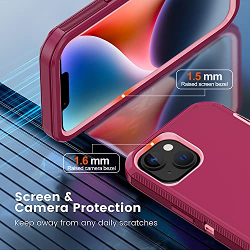 for iPhone 14 Case with 2 Screen Protector, Heavy Duty Shockproof Dropproof Dust Proof Full Body Rugged 3-Layer Military Tough Durable Protective Cover for Apple iPhone 14 6.1" (Burgundy) - color: Burgundy