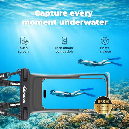 SEAWAG Waterproof Phone Pouch that Cannot Sink, IPX8 Floating Foam Case up to 7.5in PRO Underwater Dry Bag for iPhone & Samsung, Touchscreen, Lanyard, Snorkeling Boating Black