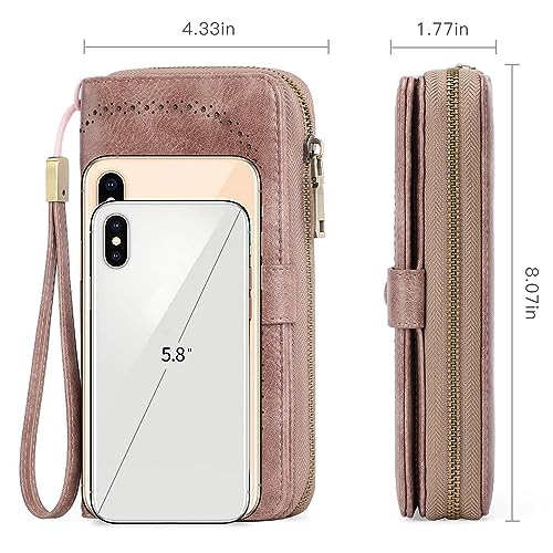 GAEKEAO Leather Credit Card Holder Wallet for Women RFID Blocking Large Capacity Bifold Zipper Card Case Organizer with Wristlet 45 Slots - color: Pink
