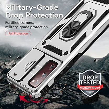 for Samsung Galaxy S20 FE 5G Case with Camera Lens Cover HD Screen Protector, Military-Grade Drop Tested Magnetic Ring Holder Kickstand Protective Phone Case for Samsung Galaxy S20 FE 5G (Silver) - color: Silver with camera cover Military-Grade 2nd gen
