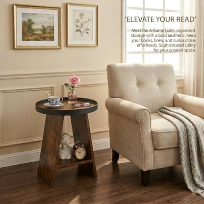 2-Tier Round End Table with 17.7 inch Tray Top, Rustic Brown - color: Rustic Brown