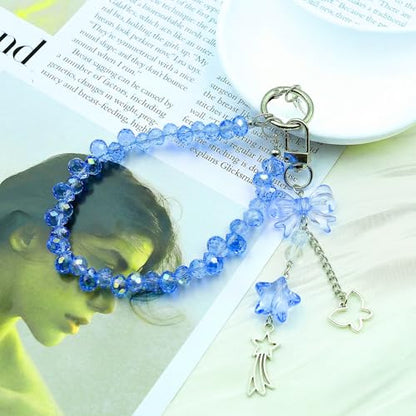 Crystal Beaded Phone Wrist Strap, Cute Cellphone Lanyard Chain, Bow Keychain Wristlet Bag Charms for Women - color: Bow/Blue
