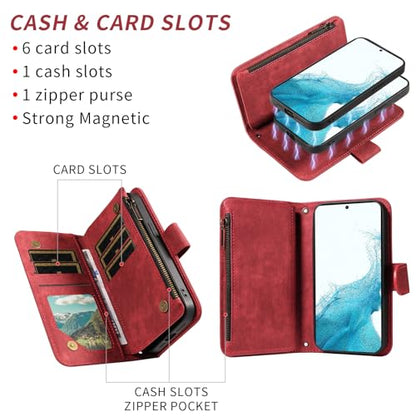 Asuwish Phone Case for Samsung Galaxy S22 5G Zipper Wallet Detachable Magnetic Cover with Tempered Glass Screen Protector Crossbody Lanyard Strap Card Holder S 22 22S 4G G5 6.1 inch Women Girls Red - color: Red