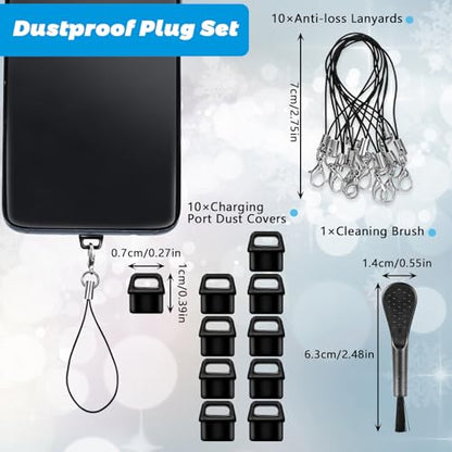 10pcs Dust Plug Cover, USB C Type C Dust Cover Anti Dust Plug Charging Port Protector Cap with Easy-Grip Tab Lanyard and Cleaning Brush Compatible with Most Mobile Phone Devices