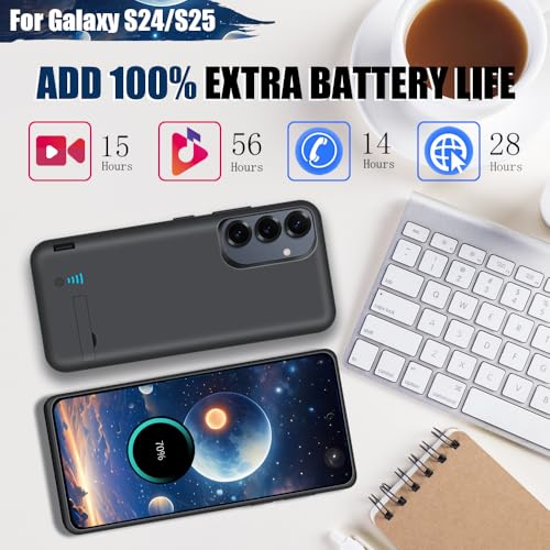 Battery Case for Samsung Galaxy S25 / S24, 5000mAh Rechargeable Extended Battery Charging Charger Case, Add 100% Extra Juice, Not Compatible with S25+ or S25 Ultra (6.2 Inches) Black