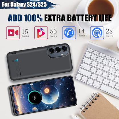 Battery Case for Samsung Galaxy S25 / S24, 5000mAh Rechargeable Extended Battery Charging Charger Case, Add 100% Extra Juice, Not Compatible with S25+ or S25 Ultra (6.2 Inches) Black