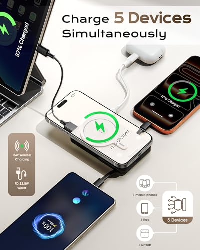 for Magsafe Portable Charger, 10000mAh Power Bank, Creamy White | PD 22.5W Fast Charging with USB-C Cable, Foldable Stand, Magnetic Wireless Charger for iPhone 17/16/15/14/13/12 Series - color: Creamy White