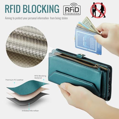 Asuwish Phone Case for Samsung Galaxy A13 4G/5G Zipper Wallet Cover with Tempered Glass Screen Protector and Leather Flip RFID Blocking Card Holder Cell A04s M13 G5 A 13 LTE 13A 2022 Women Girls Green - color: Green