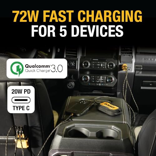 DEWALT Heavy Duty 72W 5 Port USB Car Charger Multiport, iPhone 17 Multi USB