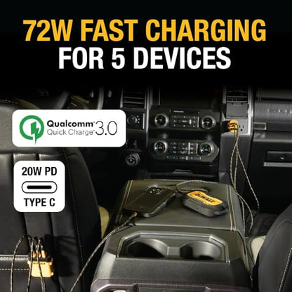 DEWALT Heavy Duty 72W 5 Port USB Car Charger Multiport, iPhone 17 Multi USB