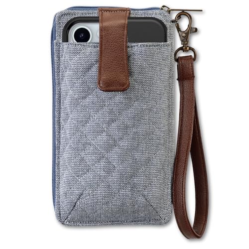 Bella Taylor Cell Phone Wristlet, Quilted Phone Wallet for Women | Lightweight, RFID blocking, phone pocket, built-in wallet, card organizer, coin pocket, secure zipper, quality construction - color: Blue Chambray