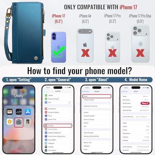 Defencase for iPhone 17 Wallet Case with RFID Blocking Card Holder, Blue | Durable Soft PU Leather, with Zipper Pocket, Wrist Strap, Fashion Snap Flip Phone Cases Cover with Stand for Women and Men - color: Dark Blue
