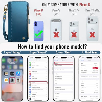 Defencase for iPhone 17 Wallet Case with RFID Blocking Card Holder, Blue | Durable Soft PU Leather, with Zipper Pocket, Wrist Strap, Fashion Snap Flip Phone Cases Cover with Stand for Women and Men - color: Dark Blue