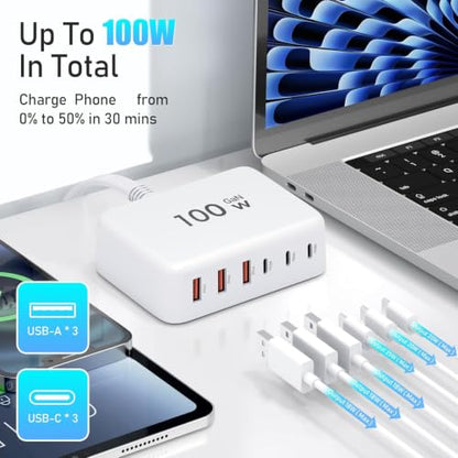 100W GaN USB C Fast Charger Compact 6 Port Charging Station
