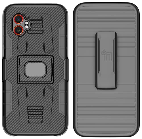Nakedcellphone Rugged Combo for Galaxy XCover 7 Pro Case - Carbon Fiber | Hybrid Cover + Belt Clip Holster, Rotating Phone Holder, Ring Grip, with Kickstand, For XCover7 Pro (2025, SM-G766) - color: Carbon Fiber