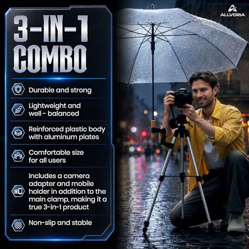 Premium 3in1Umbrella Clamp for Chairs Strollers Boats & Kayaks Adjustable Mounting Bracket for Umbrella Camera & Phone Durable Anti Slip Trolling Motor Stabilizer for Outdoor Hands Free Use
