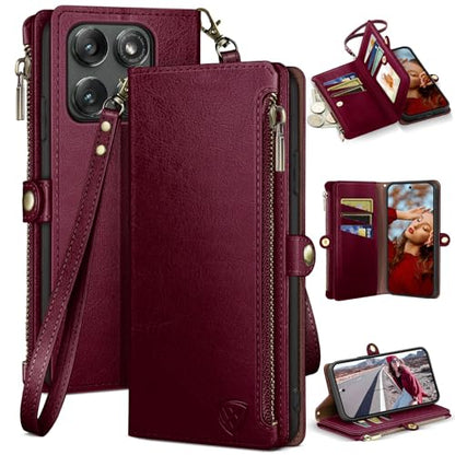 XcaseBar compatible with ‌Moto Edge 5G 2025 Wallet case with Zipper Credit Card Holder【RFID Blocking】,Flip Folio Book PU Leather Phone case Shockproof Cover Women Men for Mote Edge 2025 case Wine Red - color: Wine Red