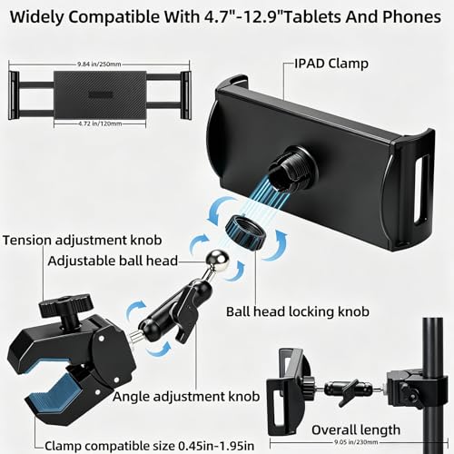 Adjustable Tablet Mount, 360° Rotating iPad Holder for Treadmill Spin Bike Stroller Wheelchair Golf Cart, Pole Clamp Mount for 4.7"-12.9" Tablets Phones