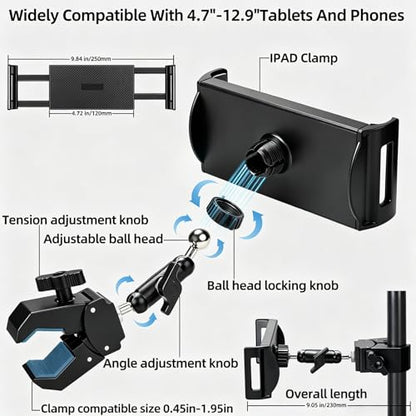Adjustable Tablet Mount, 360° Rotating iPad Holder for Treadmill Spin Bike Stroller Wheelchair Golf Cart, Pole Clamp Mount for 4.7"-12.9" Tablets Phones