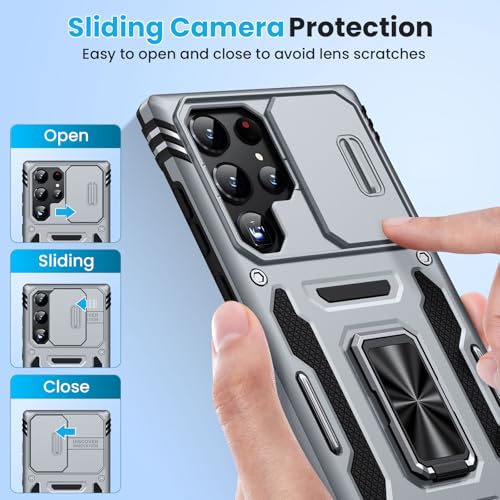 for Samsung Galaxy S22 Ultra Case with 2 PCS HD Screen Protector, Military Grade Protection Metal 360 ° Rotating Ring Kickstand Slide Camera Cover, Shockproof for Galaxy S22 Ultra Case, Gray | 2 PCS HD Screen Protector, Magnetic Metal 360 ° Rotating Kicks