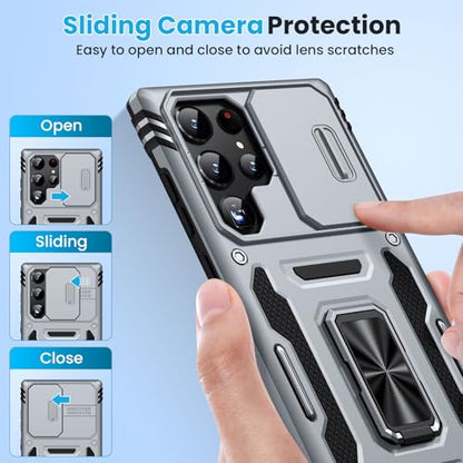for Samsung Galaxy S22 Ultra Case with 2 PCS HD Screen Protector, Military Grade Protection Metal 360 ° Rotating Ring Kickstand Slide Camera Cover, Shockproof for Galaxy S22 Ultra Case, Gray | 2 PCS HD Screen Protector, Magnetic Metal 360 ° Rotating Kicks