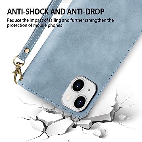 ZZXX iPhone 14 Case Wallet with [RFID Blocking] Card Slot Premium Soft PU Leather Zipper Flip Folio with Wrist Strap Kickstand Protective Phone Cover for iPhone 14 Wallet Case(Light Blue-6.1 inch) - color: Light Blue, size: iPhone 14