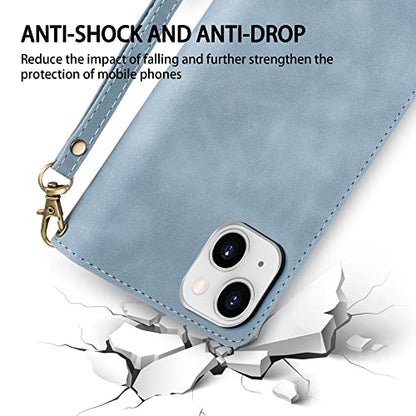 ZZXX iPhone 14 Case Wallet with [RFID Blocking] Card Slot Premium Soft PU Leather Zipper Flip Folio with Wrist Strap Kickstand Protective Phone Cover for iPhone 14 Wallet Case(Light Blue-6.1 inch) - color: Light Blue, size: iPhone 14
