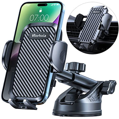 Rorhxia 3-in-1 Phone Mount for Car [2025 Most Stable and Flexible Suction Cup] Vent Dashboard Windshield Cell Phone Holder Car Fit for iPhone, Samsung, All Phone