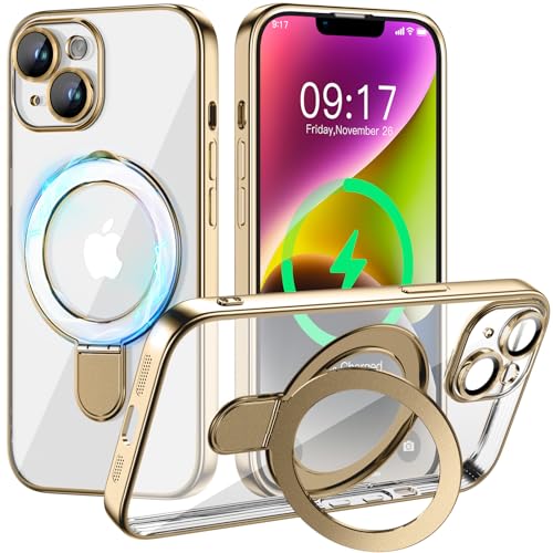 Magnetic for iPhone 14 Case with Invisible Stand[Compatible with MagSafe][Full Camera Lens Protector][Military Drop Protection] Shockproof Not Yellowing Clear Slim Soft for Women Men - color: Gold, size: iPhone 14