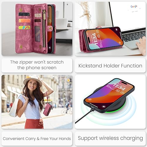 Compatible with iPhone 15 Pro Max Wallet Case with Magsafe,Red | Magnetic Detachable Case,Card Holder,Zipper Pocket,Strap Wristlet, Soft Leather Drop-Proof Phone Case for iPhone 15 Pro Max - color: Red, size: iPhone 15 Pro Max 6.7"