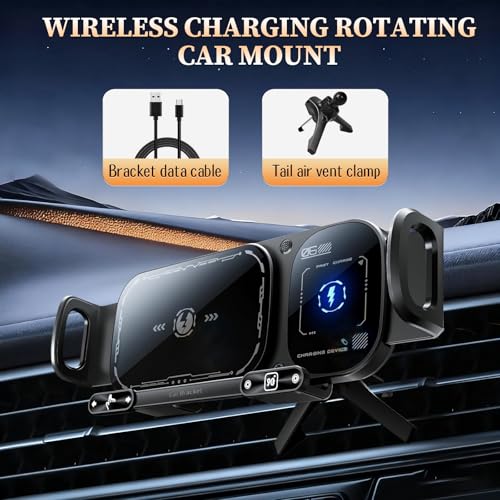 Wireless Charging Rotating Car Mount, 15W Fast Charger with Auto Clamping, One-Click 90° Rotation, 360° Rotation, Anti-Shake Technology, Foldable Phone Fit