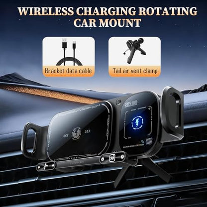 Wireless Charging Rotating Car Mount, 15W Fast Charger with Auto Clamping, One-Click 90° Rotation, 360° Rotation, Anti-Shake Technology, Foldable Phone Fit
