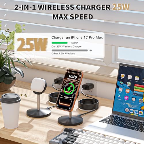 Magnetic Wireless Charging Station,25W Fast Charger 6FT Mag safe Wireless Station Pad,Magnetic Mag-Safe 360° Charger Stand for iPhone 17/17 Pro/Air/17 Pro Max/16 Pro Max/15/14/13/12, AirPods Pro 2/3/4 - color: Black