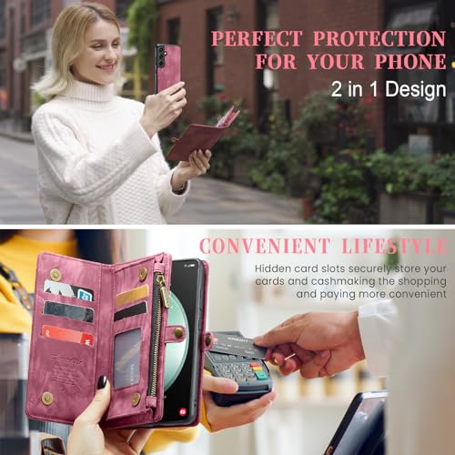 Compatible with Samsung Galaxy S23 FE Wallet Case,Zipper Folio Leather Case Wallet with Card Holder Strap Wristlet Detachable Magnetic Protective Back Case for Galaxy S23 FE 6.4 Inch(Red) - color: Red, size: S23 FE 5G 6.4 Inch