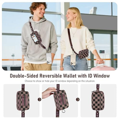 Tiostep Clip and Go Strap for Phone with Wallet Crossbody Phone Lanyard Adjustable and Detachable RFID Wristlet Wallet (Black Brown Checkered, Medium) - color: Black Brown Checkered, size: Medium