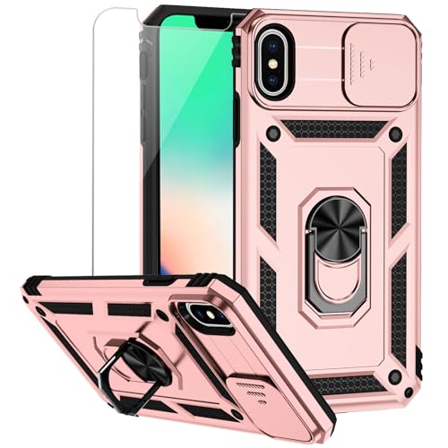 for iPhone XS Max Case with Camera Lens Cover HD Screen Protector, Dual Layer Military Grade Drop Protection Magnetic Ring Holder Kickstand Protective Phone Case for iPhone XS Max 6.5 inch (Rose Gold) - color: Rose Gold with camera cover Military-Grade 2n