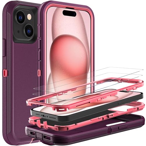 YKHJKLEC for iPhone 15 Case, Military Grade 3 in 1 Heavy Duty Shockproof/Drop Proof/Dust Proof Case with 2Pcs Tempered Glass Screen Protector (Purple/Pink) - color: Purple/Pink