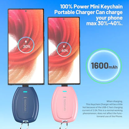 (2-Pack USB C Keychain Portable Charger, 1600mAh Mini Power Bank Ultra-Compact Battery Pack Power Emergency pod for iPhone 17/16/15 / Android Type-C Phones Samsung, Pixel, Moto etc-Pink&Blue