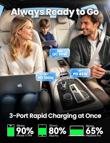 JOYROOM 175W Super Fast Car Charger, 3-Port Car Charger USB C Fast Charge