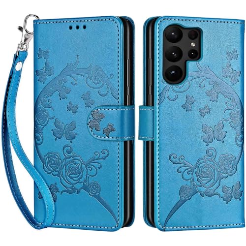 for Samsung Galaxy S23 Ultra Wallet case, Blue-Flower | 3 Card Holders, Kickstand, Shockproof TPU Shell, PU Leather, Magnetic Closure, Protective Flip Folio Cover, Women - color: 7