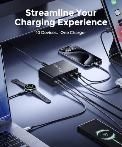 USB C Charging Station 10 Port with 4 Cables,245W GaN Charger Block - color: Black