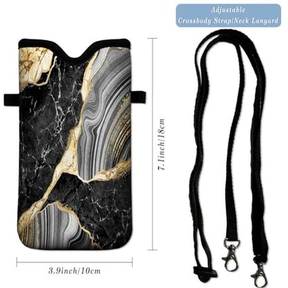 Universal Neoprene Cell Phone Pouch 7.1 X 4 in Mobile Protection Case Bag with Crossbody Strap/Neck Lanyard Black Marble Printed Pattern - color: Black Marble Printed Pattern