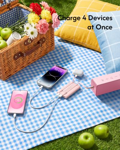 VEGER 10000mAh 22.5W Fast Charging Portable Charger with Built-in Cables - color: Pink